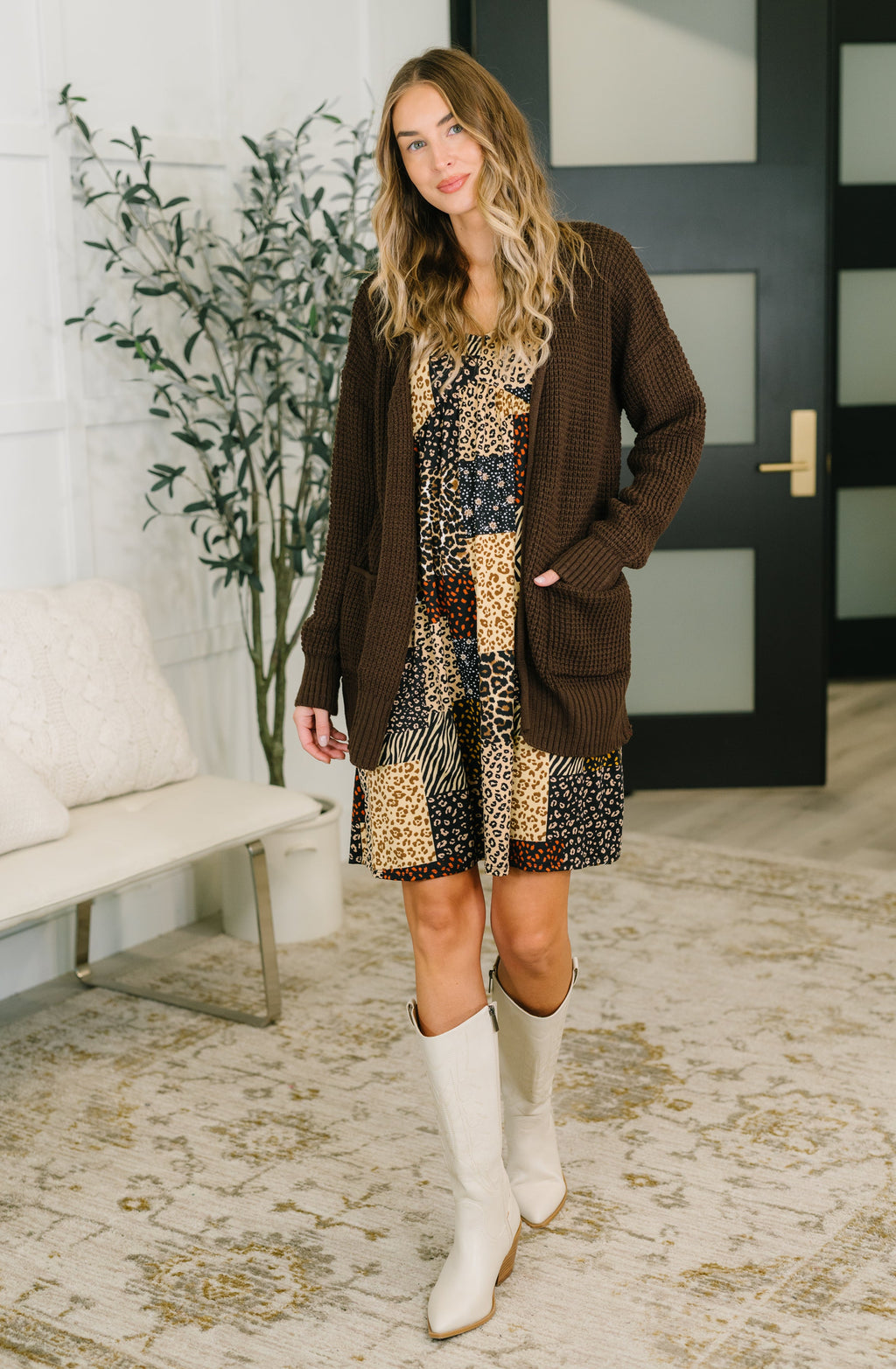 Everything Layer Waffle Knit Open Front Cardigan in Chocolate